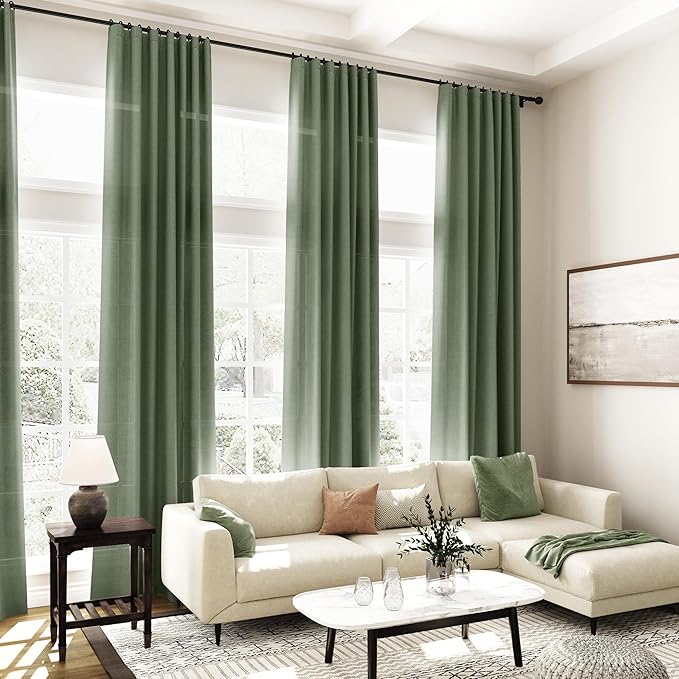 Nanspring 70 Inches Wide Olive Green Linen Curtains for Living Room 2 Panels Set 102 Inch Length Back Tab Light Filtering and Breathability Semi Sheer Curtain for Bedroom 70x102
