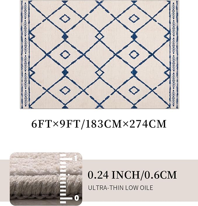 YIHOUSE Boho Rugs for Living Room, 6x9 Western Beige and Blue Area Rug, Moroccan Geometric Soft Low-Pile Washable Rugs for Bedroom, Dining Room