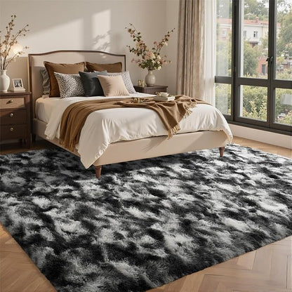 6x9 Ft Large Shag Rugs for Living Room Decor, Tie-Dyed Ultra Soft Fluffy Furry Area Rugs for Bedroom Indoor Floor, Aesthetic Carpet for Kids Home (Black Grey)