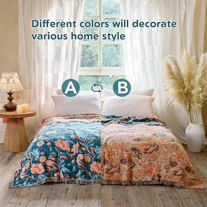 MSGKV Boho Throw Blanket for Couch 50"x60" Cotton Birds Floral Blanket Sofa Chair Blankets Muslin Spring Breathable All Seasons Lightweight Farmhouse Blankets Home Decor
