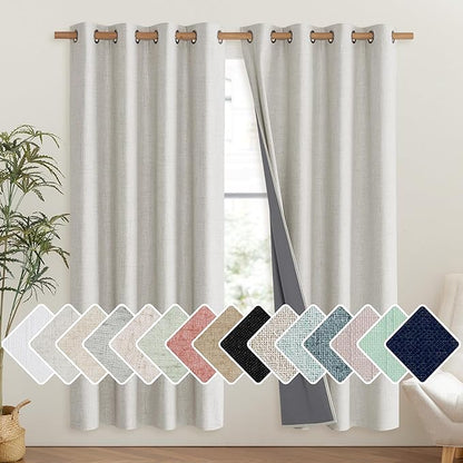 NICETOWN Snowbound Vintage Linen 100% Blackout Curtains for Living Room, Thermal Insulated Curtains 72" Long, Noise Reducing Window Treatment Drapes for Hall Room, 52" Wide Per Panel, Set of 2
