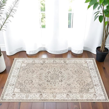 Washable 2x3 Entryway Area Rug - Neutral Kitchen Rug Runner Vintage Soft Floor Mat Non Slip Indoor Farmhouse Carpet for Bathroom Living Room Bedroom (2 X 3, Beige)