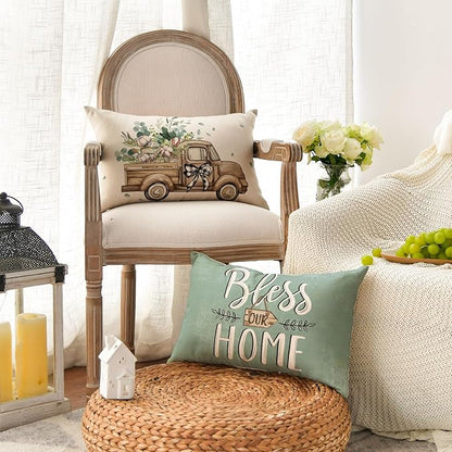 AVOIN colorlife Bless Our Home Farmhouse Eucalyptus Leaves Throw Pillow Covers, 12 x 20 Inch Blue Truck Home Sweet Cushion Case Decorations Set of 4