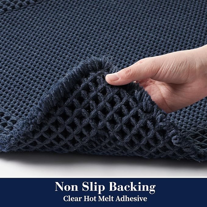 RESARE Waffle Bath Mat, Super Absorbent Non Slip, Machine Washable, Ultra Soft Boho Bath Rugs with Tassels, Upgraded Bordered Design, 17"x24" Navy