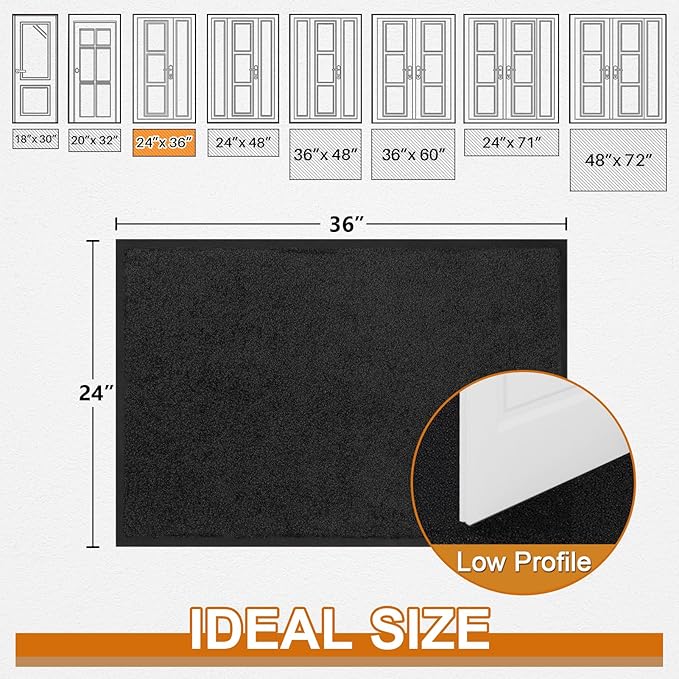Mibao Dirt Trapper Door Mat for Indoor Outdoor, Waterproof All-Season, All-Weather Doormat, Heavy Duty Non-Slip Entrance Rug, Low Profile Absorbent Entrance Mat Carpet, 36" x 24", Black