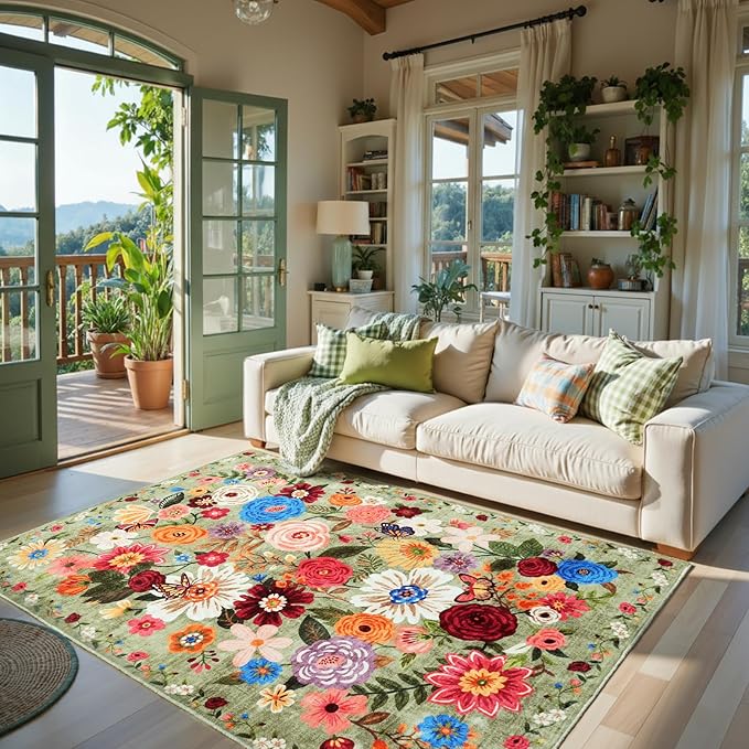 Area Rug 4x6 Rug Green, Washable Boho Rugs Non Slip Low Pile Floral Small Carpet for Bedroom, Bedside, Kids Room, Office, Dining Room(Green Garden, 4 x 6)