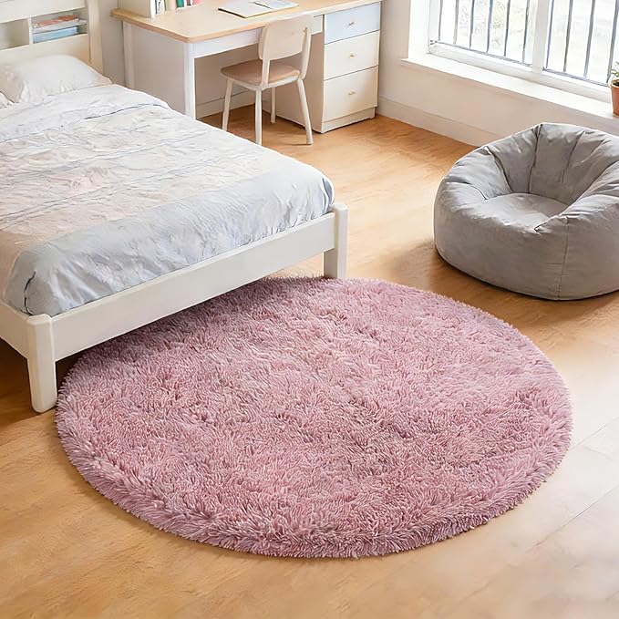 yulidayang Fluffy Round Area Rugs for Bedroom,Blush 3'X3'Shag Circle Area Rugs for Living Room,Non Slip Fuzzy Plush Rug for Kids Room Boys Girls Room and Dorm
