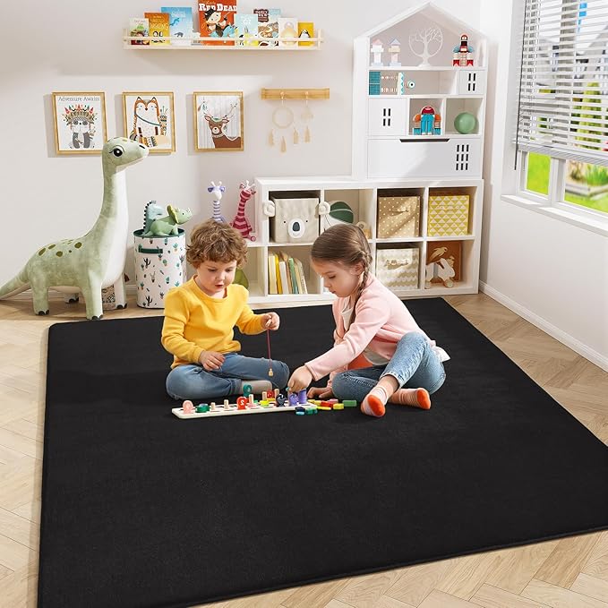 Amearea 4x4 Square Area Rugs for Bedroom Living Room, Modern Black Thickened Memory Foam Rug, Fluffy Indoor Washable Rug Non Slip Minimalist Carpet for Entryway Kids Boys Girls Dorm Nursery Room Decor