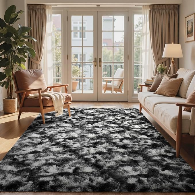 5x7 Ft Large Shag Rugs for Bedroom Living Room Decor for Men Boys, Tie Dyed Ultra Soft Fluffy Furry Area Rug for Indoor Floor, Aesthetic Carpet for Home Decor (Black Grey)