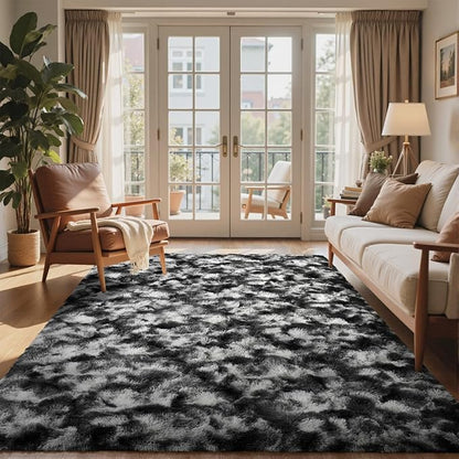 6x9 Ft Large Shag Rugs for Living Room Decor, Tie-Dyed Ultra Soft Fluffy Furry Area Rugs for Bedroom Indoor Floor, Aesthetic Carpet for Kids Home (Black Grey)