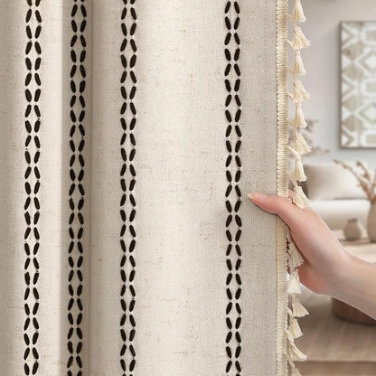 Beige Boho Blackout Curtains 2 Panels 84 Inch for Living Room Bedroom, Linen Texture Farmhouse Curtains with Tassels and Black Cotton Embroidery Vintage Rustic Western Rod Pocket
