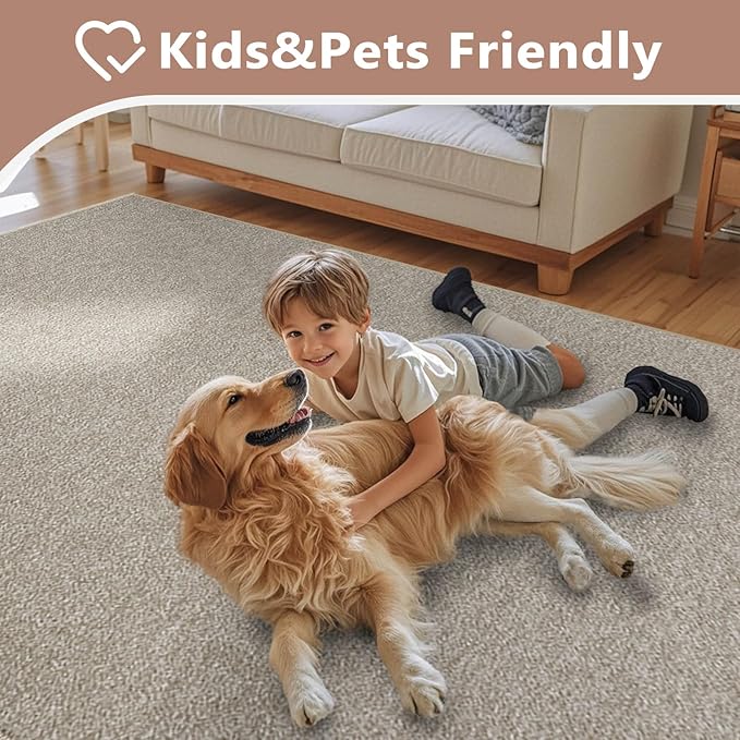 FinRèc Low Pile 5x7 Area Rugs for Bedroom Living Room, Thin Rug Solid Color, Non-Slip Carpet Indoor for Home Decor (Light Tan)