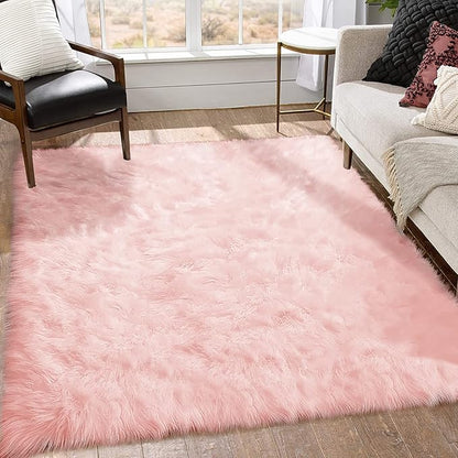 Goolela Pink Area Rug 6x9 Fluffy Fuzzy Furry Sheepskin Rug for Girls Bedroom Faux Fur Shag Carpet Soft Plush Rectangle