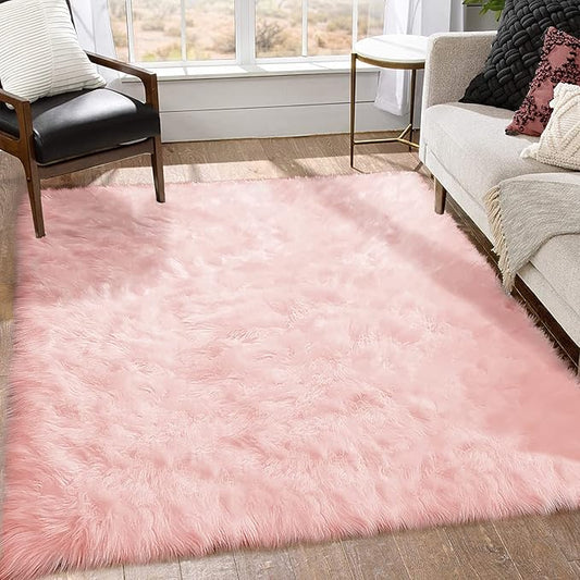 Goolela Pink Area Rug 6x9 Fluffy Fuzzy Furry Sheepskin Rug for Girls Bedroom Faux Fur Shag Carpet Soft Plush Rectangle