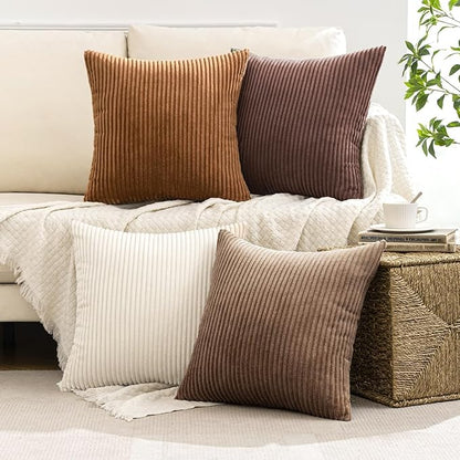MIULEE Boho Farmhouse Throw Pillow Covers 24x24 Inch Set of 4 Rustic Mordern Neutral Cushion Covers Soft Corduroy Nordic Home Decor for Couch Bed Sofa Living Room Brown