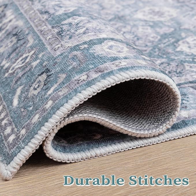 SERISSA 3x5 Boho Floral Area Rugs for Bedroom, Washable Kitchen Rugs Non-Slip, Ultra Soft Print Distressed Vintage Blue Grey Entry Rug Low-Pile Throw Rug Carpet for Bedroom Living Room Dorm Decor