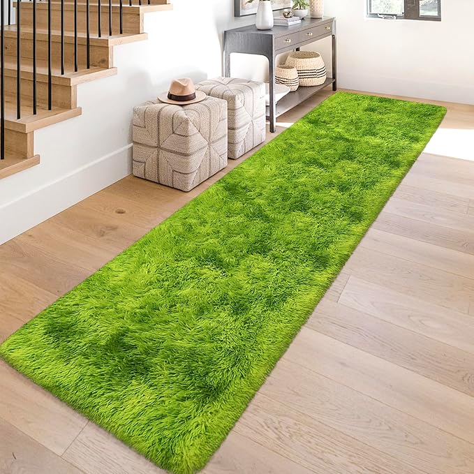 Tie-Dyed Runner Rug for Bedroom Green 2x10ft Fluffy Area Rug Bedside Runner Rug for Kids Room Boys Teens Nursery Baby Living Room Dorm Home Decor Carpets
