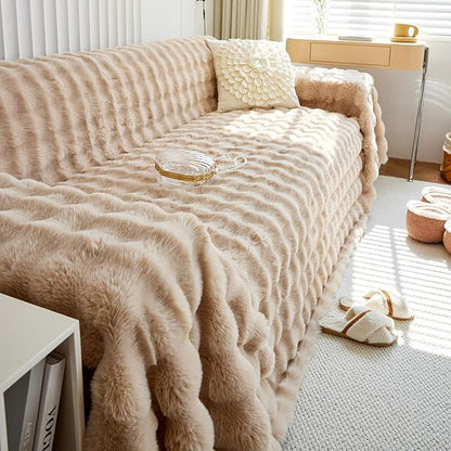 HANDONTIME Plush Sofa Slipcovers Washable Couch Cover for Sofa Super Soft Faux Fur Sofa Covers for 3 Couch Cousion Soild Khaki Rabbit Plush Couch Cushion Covers for Kids Pets,71" X134"