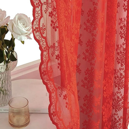 YJ YANJUN Vintage Lace Curtains 90 Inches Long 2 Panels - Retro Floral Red Christmas Sheer Curtains for Living Room Bedroom Rod Pocket Wedding Party Xmas Christmas Holiday Decor 52" W x 90" L