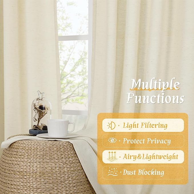 LAMIT Light Beige Linen Curtains 63 inch Length for Bedroom, Soft Semi Sheer Light Filtering Window Treatments Rod Pocket Drapes for Living Room/Small Window, 2 Panels Set, 42 x 63 Inch
