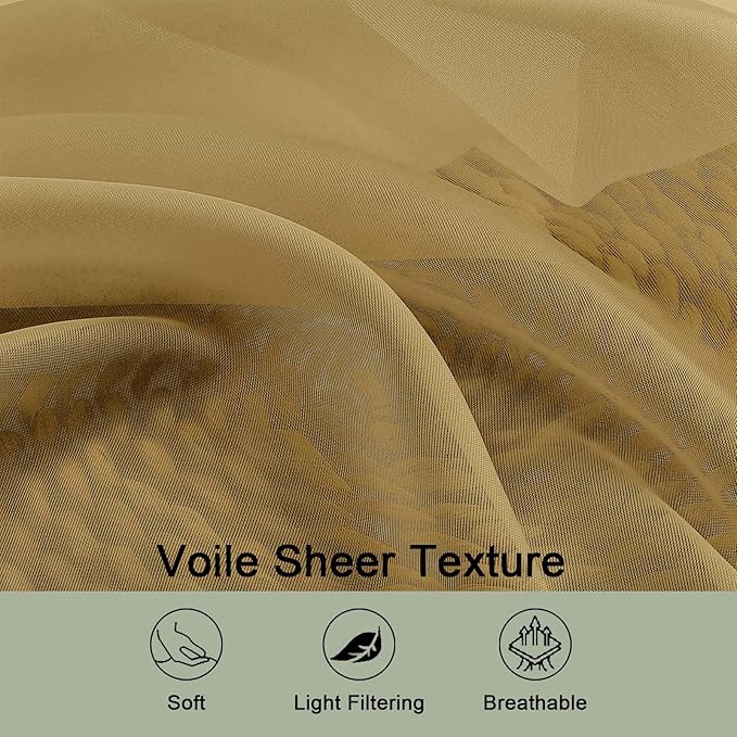 OWENIE Sheer Gold Curtains, Sheer Curtains 63 inch Length 2 Panels Set, Rod Pocket Voile Fimly Sheer Drapes for Living Room Bedroom, 2pcs, Gold, Each 59" W x 63" L