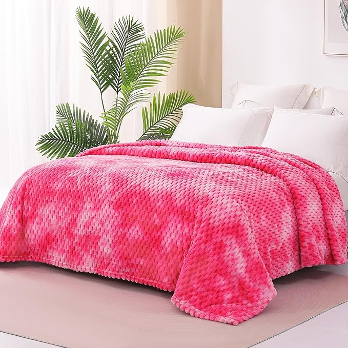 Exclusivo Mezcla Fleece Twin Blanket for Bed, Extra Large Fuzzy Tie-dye Hot Pink Bed Blankets, Soft Cozy Plush Sofa Throws for All Seasons, 60x80 Inches