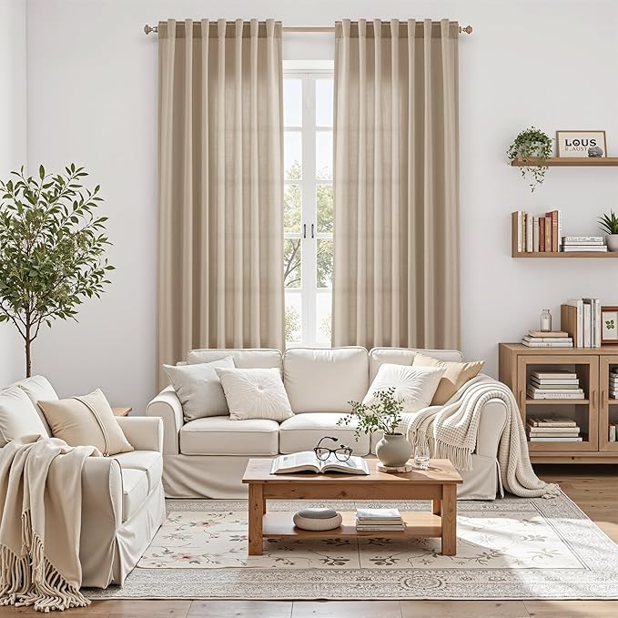 Sepia Beige Linen Curtains 112 Inches Long for Living Room Farmhouse Decor Light Filtering Semi Sheer Curtain Back Tab Rod Pocket Neutral Floor to Ceiling High Window for Bedroom 52x112, 2 Panels