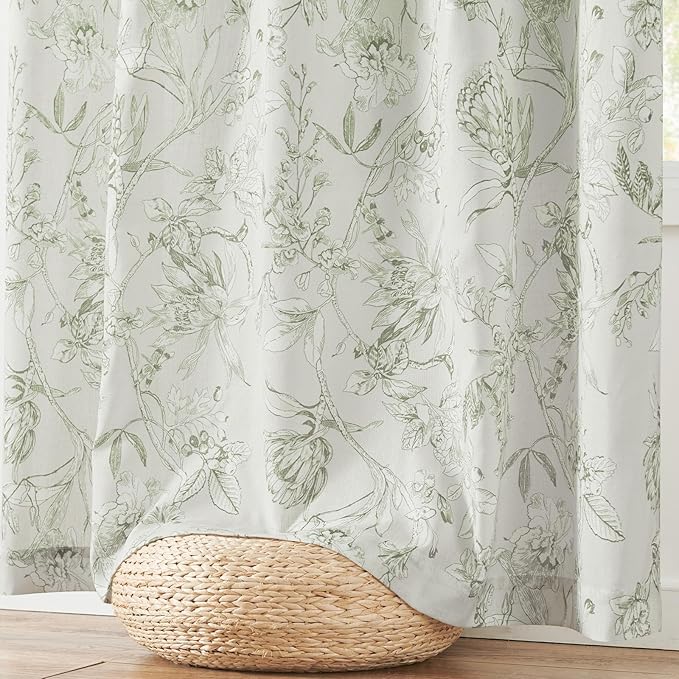 jinchan Floral Curtains 90 Inch Length Sage Green Flower Linen Farmhouse Curtain for Living Room French Country Vintage Curtain Rod Pocket Curtains Set 2 Panels Floral Printed