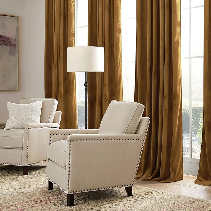 RYB HOME Gold Brown Velvet Curtains 63 inches with Hook Belt, Soft Fabric Room Darkening Thermal Insulated Luxurious Home Decor Curtains for Living Room Bedroom, W 42" x L 63", 2 Panels Set
