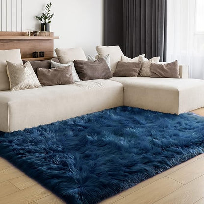 LOCHAS Soft Fluffy Faux Fur Rugs for Bedroom Bedside Rug 3x5 Feet, Washable, Furry Sheepskin Area Rug for Living Room Girls Room, Luxury Shag Carpet Home Decor, Light Navy
