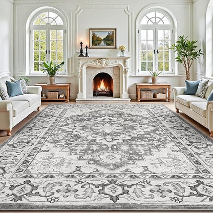 Lofus 8x10 Area Rugs for Living Room, Washable Area Rug, Rugs for Bedroom, Kitchen, Vintage Boho Carpet, Soft Non-Slip, Low Pile Large Area Rug for Office Dining Room, Floral Grey
