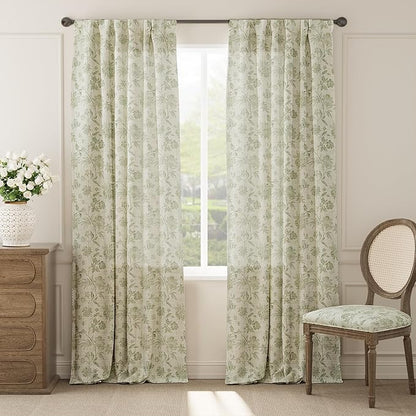 jinchan Linen Floral Curtains for Living Room with Printed Flower 96 Inches Long Light Filtering French Country Back Tab Rod Pocket Sage Green Window Curtain Set Farmhouse Drapes 2 Panels