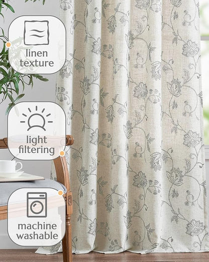 jinchan Linen Curtains Floral Curtains 96 Inch Length for Living Room Bedroom Light Filtering Rod Pocket Back Tab Jacobean Curtains Flax Linen Texture Window Drapes Set 2 Panels Dark Grey on Linen