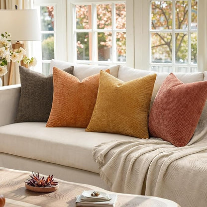 MIULEE Pack of 4 Orange/Yellow Couch Throw Pillow Covers 20x20 Inch Halloween Soft Decorative Chenille Pillows Farmhouse Accent Cushions for Boho Home Decor Spring Sofa Bedroom Living Room