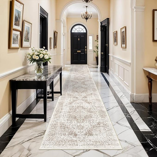 Washable 2'6''x16' Runner Rug - Non-Slip Vintage Runner Rug for Entryway Low-Pile Medallion Long Rugs for Hallway Waterproof Traditional Runner Rugs Indoor Thin Rug for Kitchen (Cream/Beige)