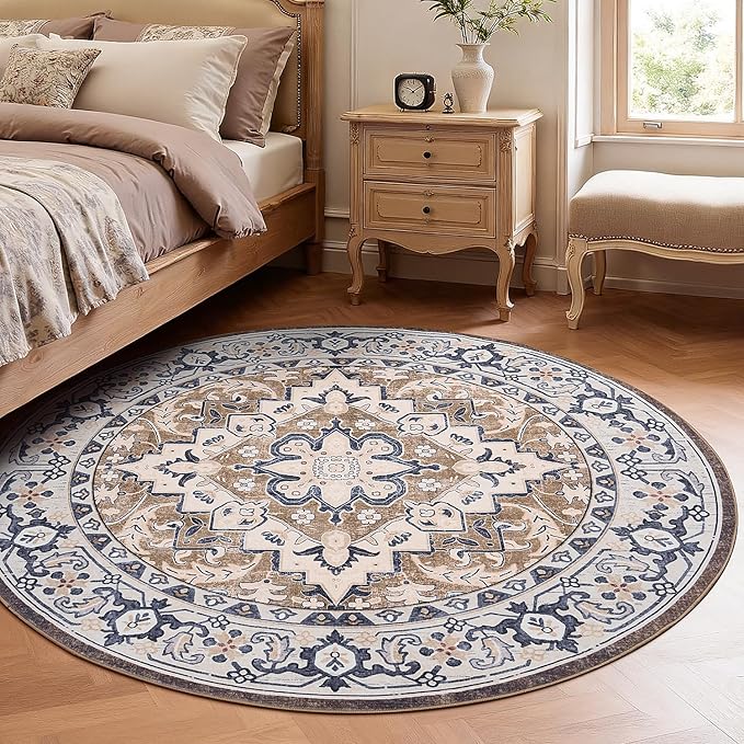 Lofus 4ft Area Rugs for Living Room, Washable Area Rug, Rugs for Bedroom, Kitchen, Vintage Boho Carpet, Soft Non-Slip, Low Pile Large Area Rug for Office Dining Room, Floral Brown