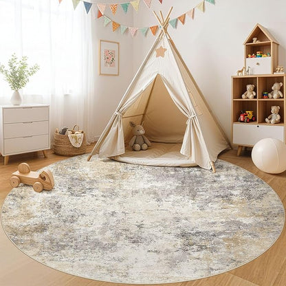 UERMEI 8ft Round Area Rug Living Room Rugs - 8x8 Washable Neutral Modern Abstract Soft Thin Rug Indoor Floor No Slip Rug Carpet for Bedroom Under Dining Table Home Office Decor - Golden Grey