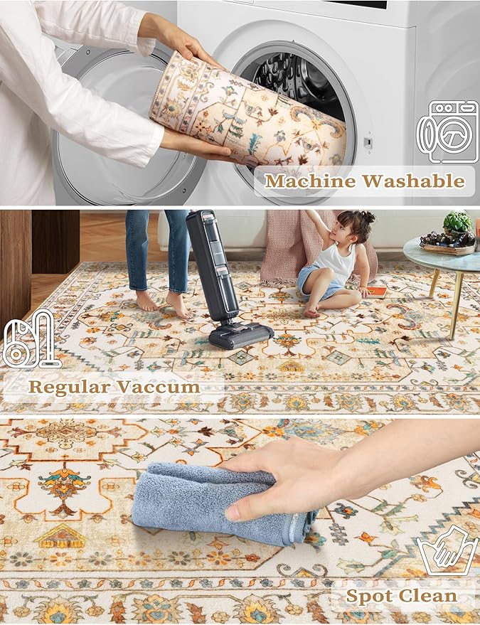 SERISSA Boho Washable Runner Rug, 2x5 Rug Runner Non-Slip Vintage Light Yellow Hallway Kitchen Runner Rug Ultra Soft Print Distressed Floor Carpet Runner for Bedroom Bathroom Laundry Living Room