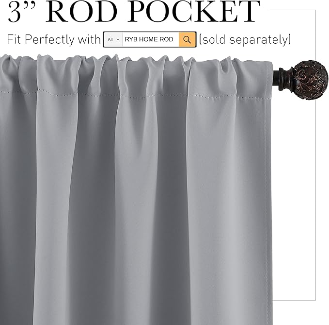 RYB HOME 54 inch Blackout Curtains for Living Room, Rod Pocket Thermal Insulated Small Window Drapes Room Darkening Shades for Bedroom Studio Dorm, W 42 x L 54 inch, Set of 2 Panels, Silver Grey