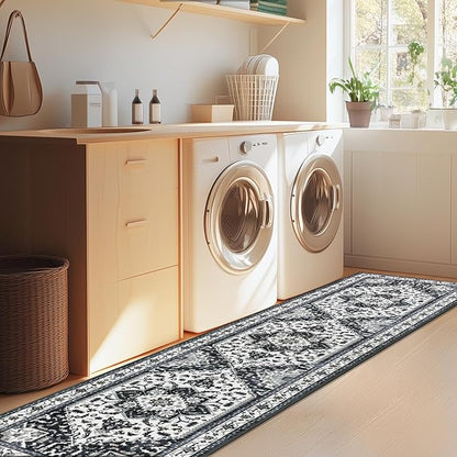 Yamaziot Washable Runner Rug, 2x8 Non-Slip Boho Vintage Hallway Rug Runner with Rubber Backing, Stain Resistant & Low Pile Faux Wool Distressed Carpet Runner for Bedroom, Kitchen, Laundry, Entrance