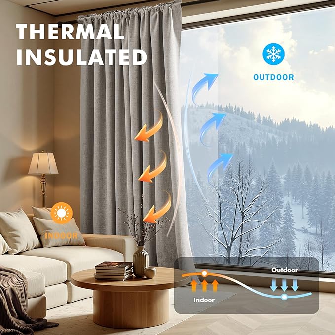 MIULEE 100% Blackout Linen Curtains for Bedroom, Greige Solid Luxury Decor Thermal Insulation Room Darkening Drapes for Living Room Nursery Back Tab Rod Pocket 42 x 63 Inches, 2 Panels