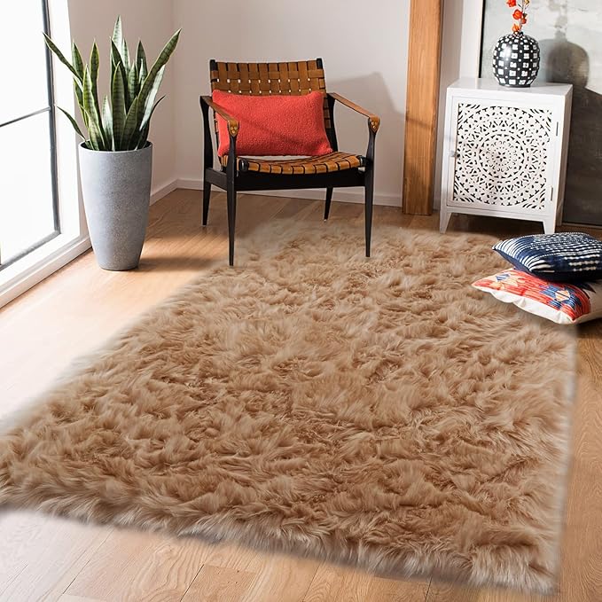 duduta Beige Faux Sheepskin Fur Rug 3x5 ft, Fluffy Shag Bedroom Dorm Nursery Playroom Carpet Rug Non Slip Washable