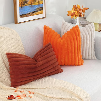 decorUhome Cozy Faux Fur Throw Pillow Covers 12x20 Set of 2 Decorative Soft Plush Striped Lumbar Modern Farmhouse Boho Couch Pillow Cases with Velvet Back for Sofa Bed Living Room, Rust