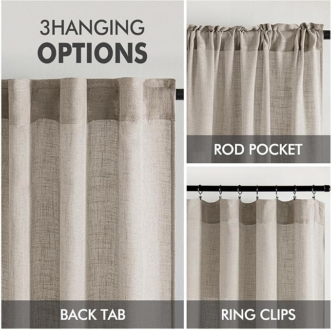 MIULEE Burlywood Birch Linen Curtains 96 Inches Long 2 Panels for Bedroom Living Room, Soft Linen Textured Window Drapes Semi Sheer Light Filtering Back Tab Rod Pocket Farmhouse Burlap Look Decor