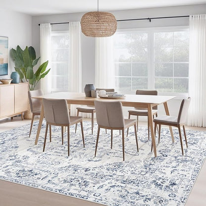 6x9 Area Rugs for Living Room: Washable Rug Vintage Large Rugs Soft Non Slip Low Pile Rug Floral Distressed Floor Carpet for Bedroom Kitchen Nursery Dining Room Home Office (Blue, 6'x9')