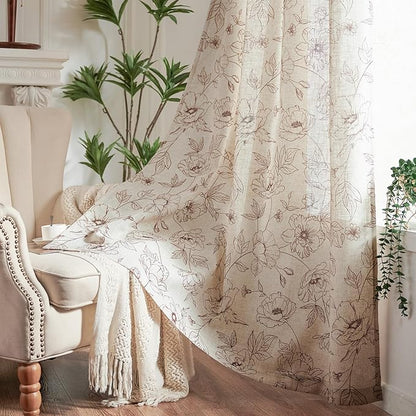 jinchan Floral Linen Curtains for Living Room 96 Inch Length Brown Flower Curtain Rod Pocket Back Tab Farmhouse Curtains with Printed Floral Bedroom Window Curtain Set, 2 Panels Brown