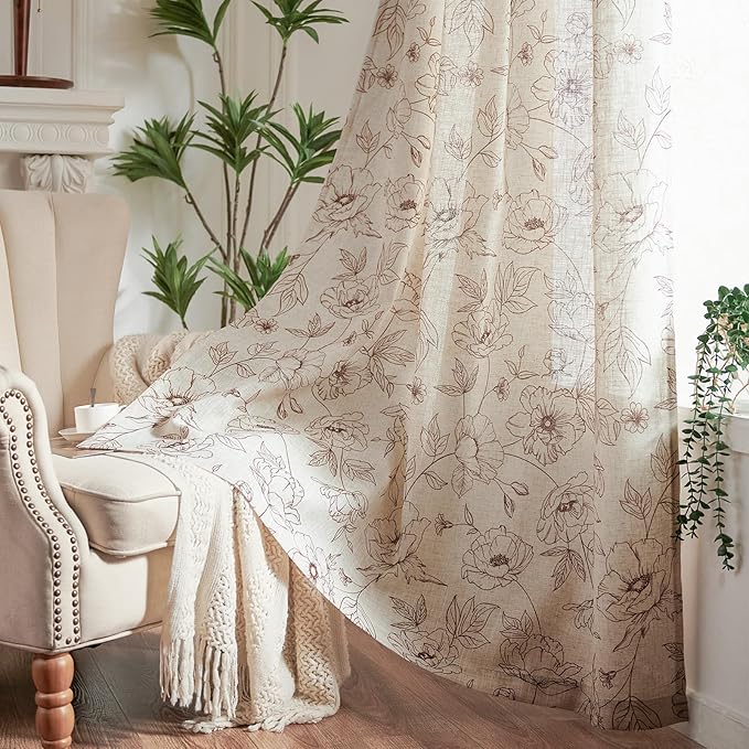 jinchan Floral Linen Curtains for Living Room 84 Inch Length Brown Flower Curtain Rod Pocket Back Tab Farmhouse Curtains with Printed Floral Bedroom Window Curtain Set, 2 Panels Brown