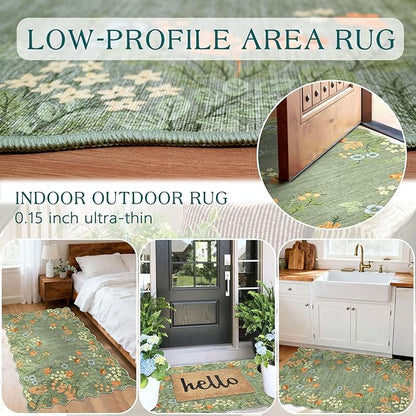 Floral Outdoor Rug - 28" x 43" Front Door Mat Indoor Outside Entrance Non-Slip Washable Outdoor Mat Sage Green Boho Flower Rug for Entryway Kitchen Bedroom Layered Doormat for Front Porch