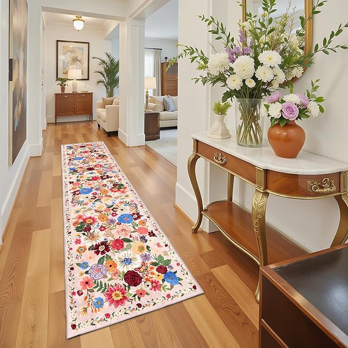 Rug for Hallways Kitchen Rug 2'6" x 14', Non Slip Washable Rugs with Rubber Backing Soft Floral Carpet Runner for Hallways, Kitchen, Laundry, Bedroom, Bathroom(2.6 x 14, Beige Garden)