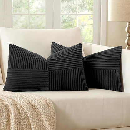 MIULEE Black Decorative Lumbar Throw Pillow Covers 12x24 Inch for Couch Bed Sofa Pack of 2 Boho Farmhouse Throw Pillows Soft Cross Corduroy Patchwork Textured Cushion Cases